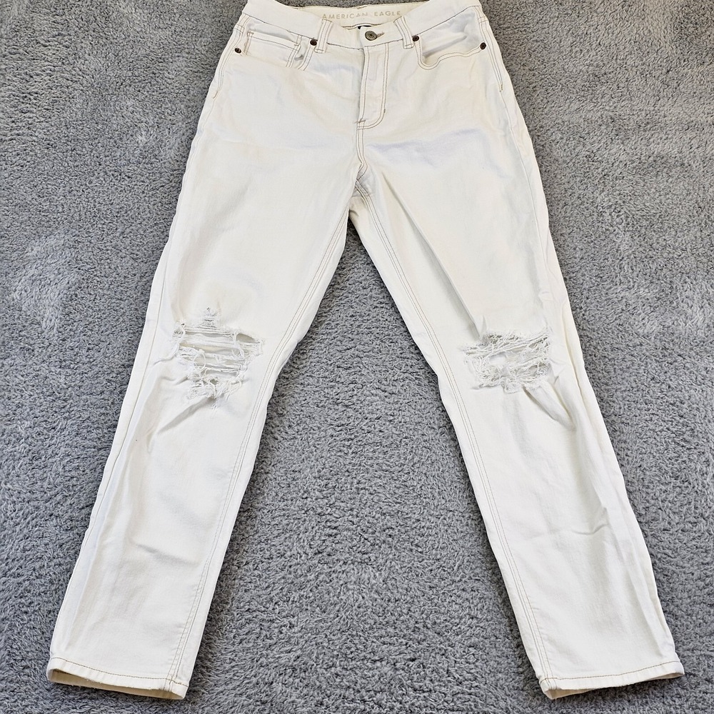 American Eagle Jeans Womens 4 Long‎ White Curvy Mom Distressed Denim